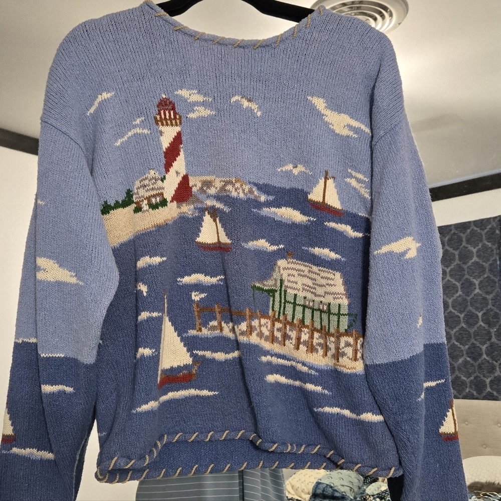 Women’s Blue Nautical Knit Sweater with Lighthouse Motif